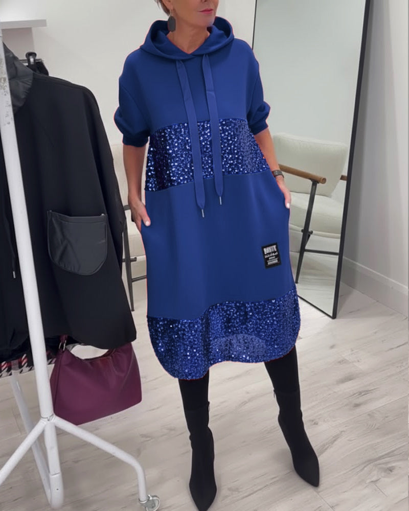 Trendy Hooded Dress with Patchwork