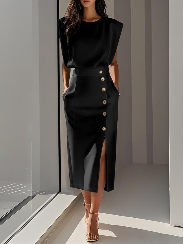 Grianne – Solid Midi Dress with Button Slit