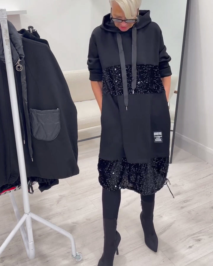 Trendy Hooded Dress with Patchwork
