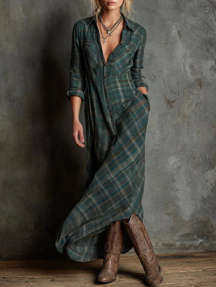 Isibeal – Long Dress with Green Check Lapel
