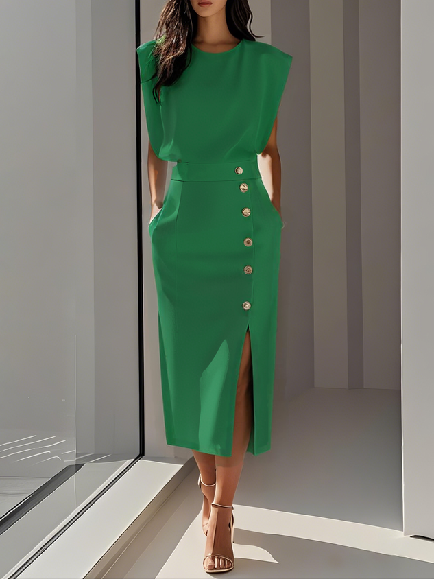 Grianne – Solid Midi Dress with Button Slit